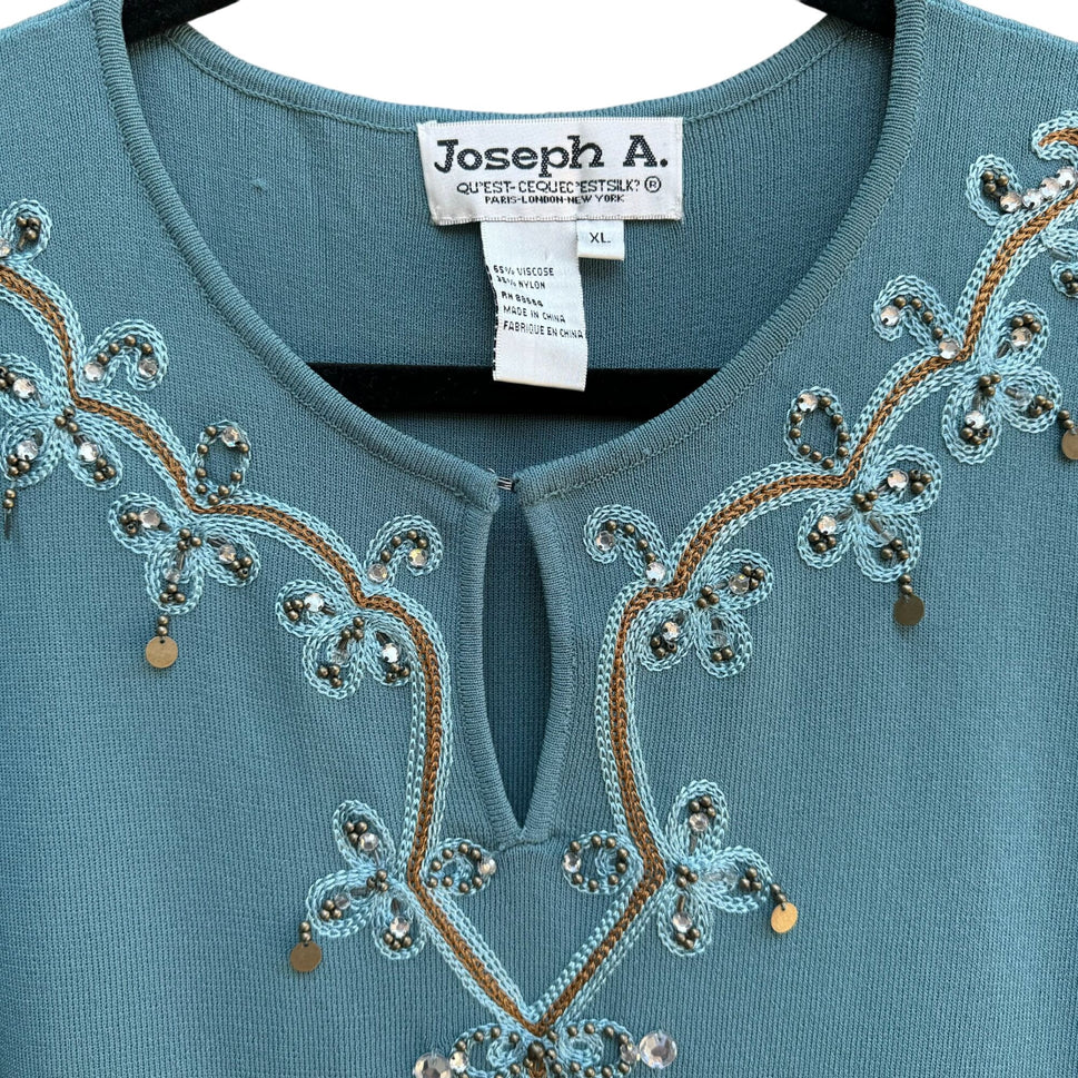 Joseph A. Women's Embroidered Beaded Blue 3/4 Sleeve Keyhole Neck Knit Sweater