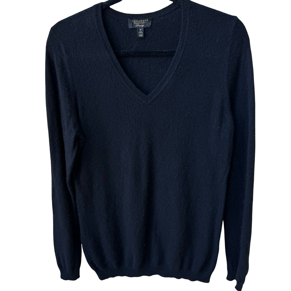 Charter Club Luxury Cashmere Minimalist Preppy V-Neck Old Money Sweater Black M