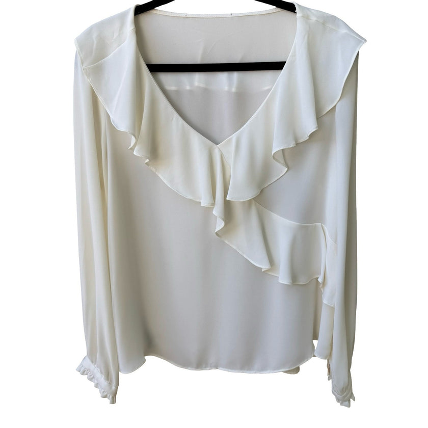 Vintage Coquette Romantic Ruffle Ethereal V-Neck Wrap Front Chiffon Blouse Ivory