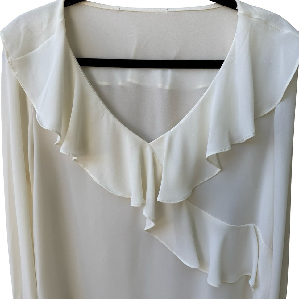 Vintage Coquette Romantic Ruffle Ethereal V-Neck Wrap Front Chiffon Blouse Ivory
