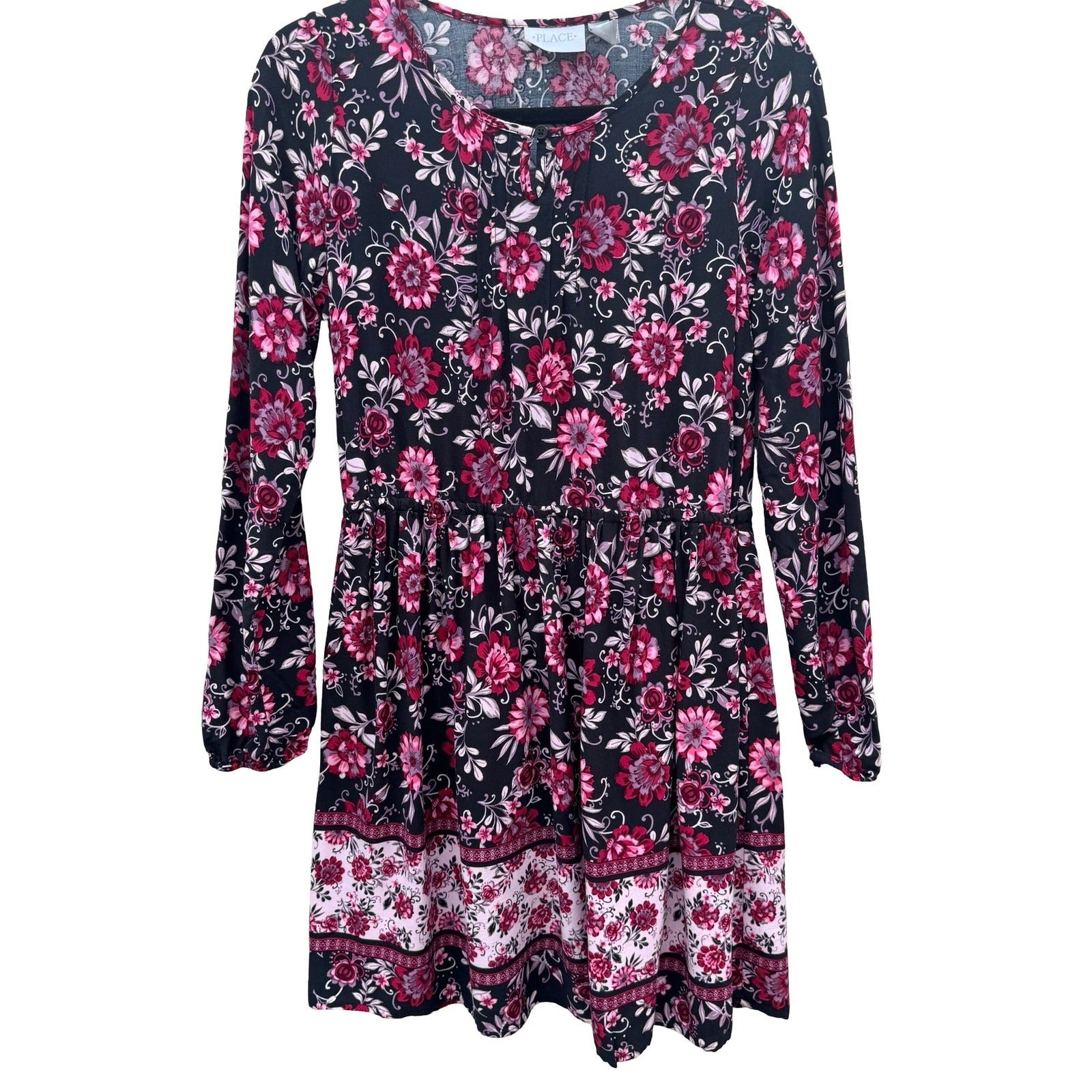 The Childrens Place Girls 16 XXL Floral Long Sleeve Dress Boho Pink Peasant