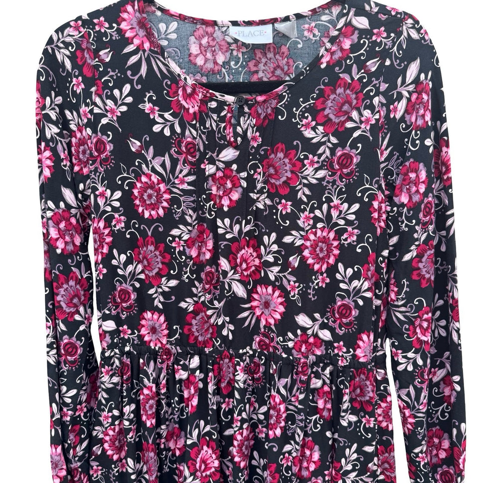 The Childrens Place Girls 16 XXL Floral Long Sleeve Dress Boho Pink Peasant