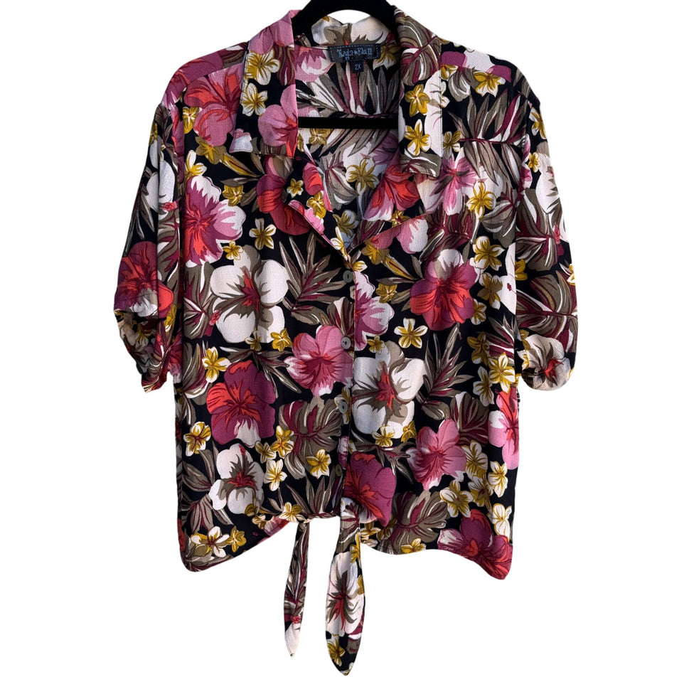 Twyla & Blu II Vintage Womens Floral Button-Up Tie Front Cropped Blouse Shirt 2X