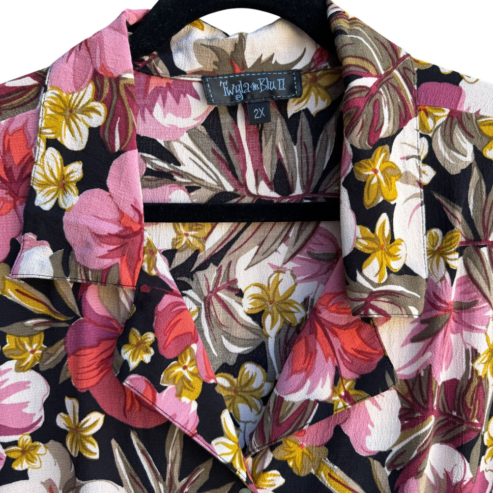 Twyla & Blu II Vintage Womens Floral Button-Up Tie Front Cropped Blouse Shirt 2X
