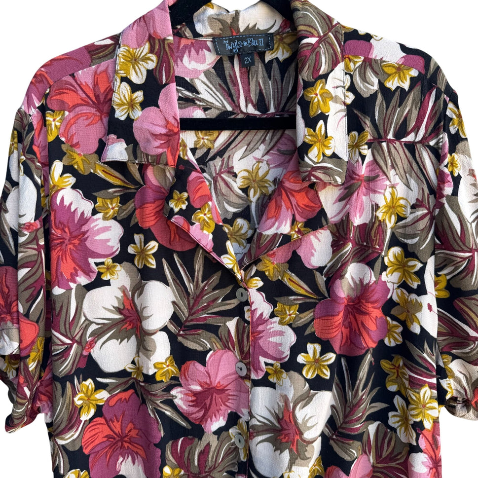Twyla & Blu II Vintage Womens Floral Button-Up Tie Front Cropped Blouse Shirt 2X