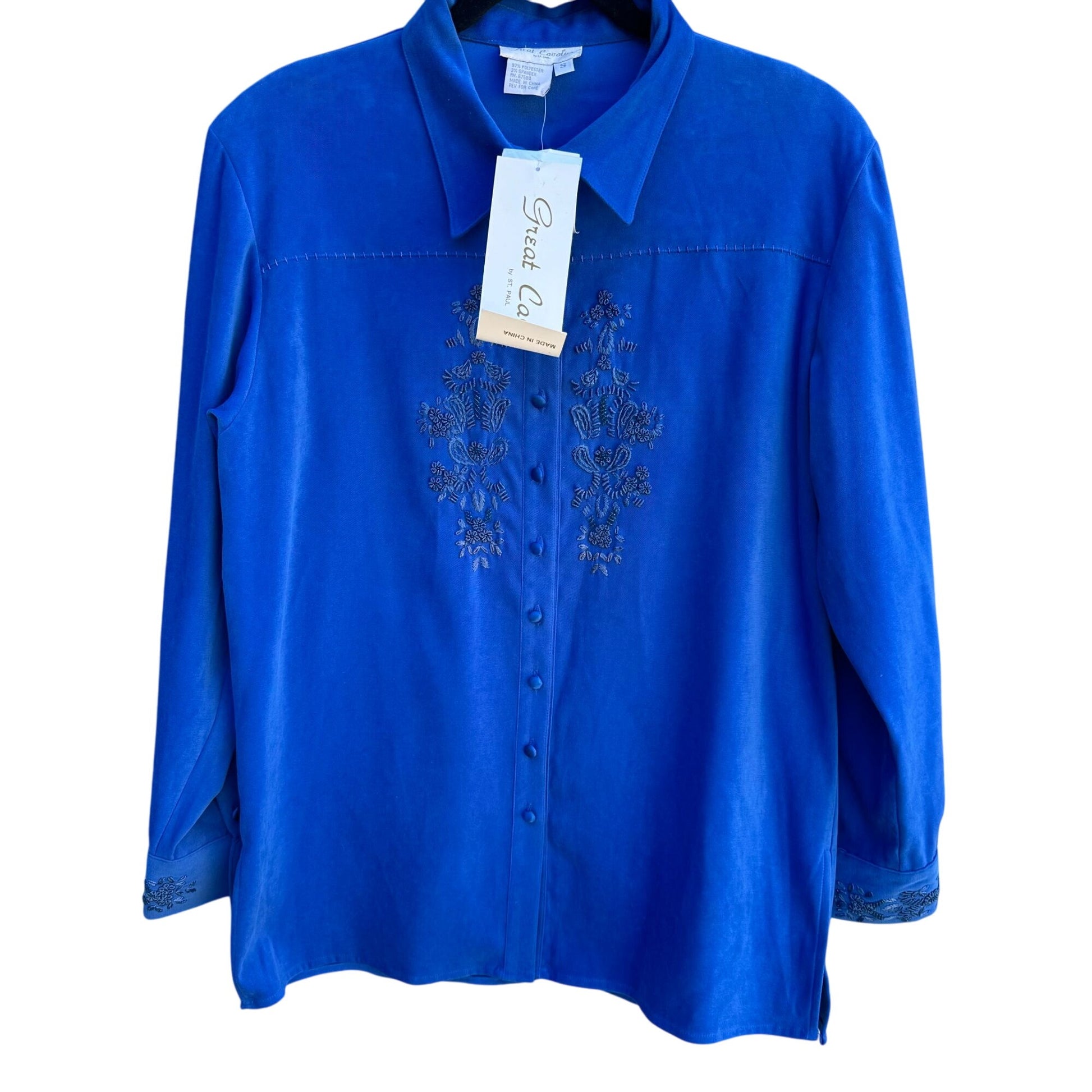 Great Cavalier Vintage Womens Deadstock Blue Embroidered Button-Up Blouse New S