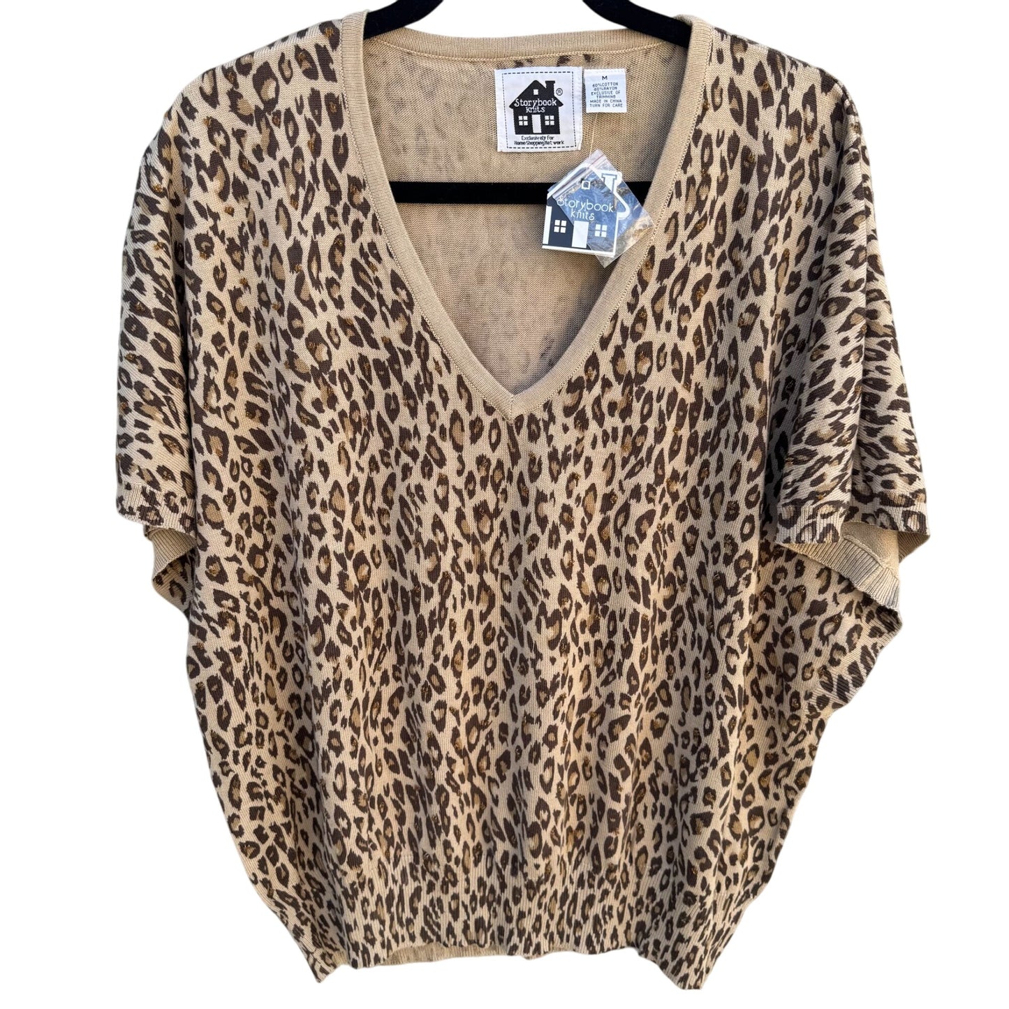 Storybook Knits Leopard Print Beaded Deep V-Neck Dolman Sleeve Knit Sweater New M
