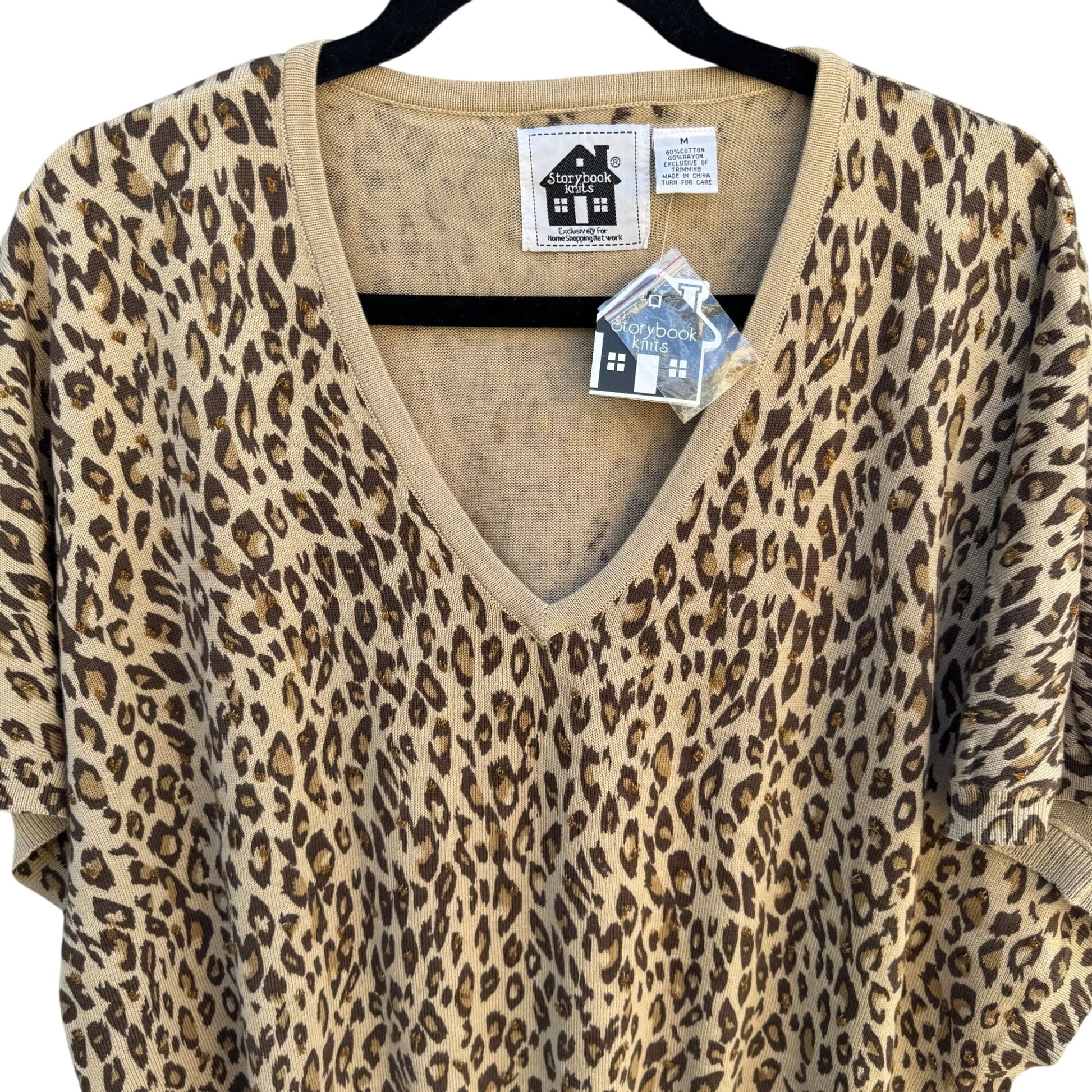 Storybook Knits Leopard Print Beaded Deep V-Neck Dolman Sleeve Knit Sweater New M