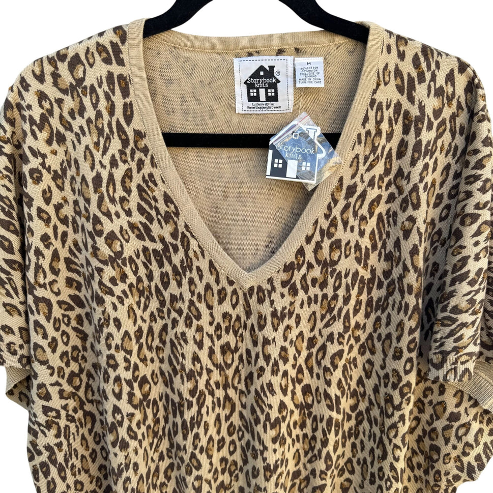 Storybook Knits Leopard Print Beaded Deep V-Neck Dolman Sleeve Knit Sweater New M