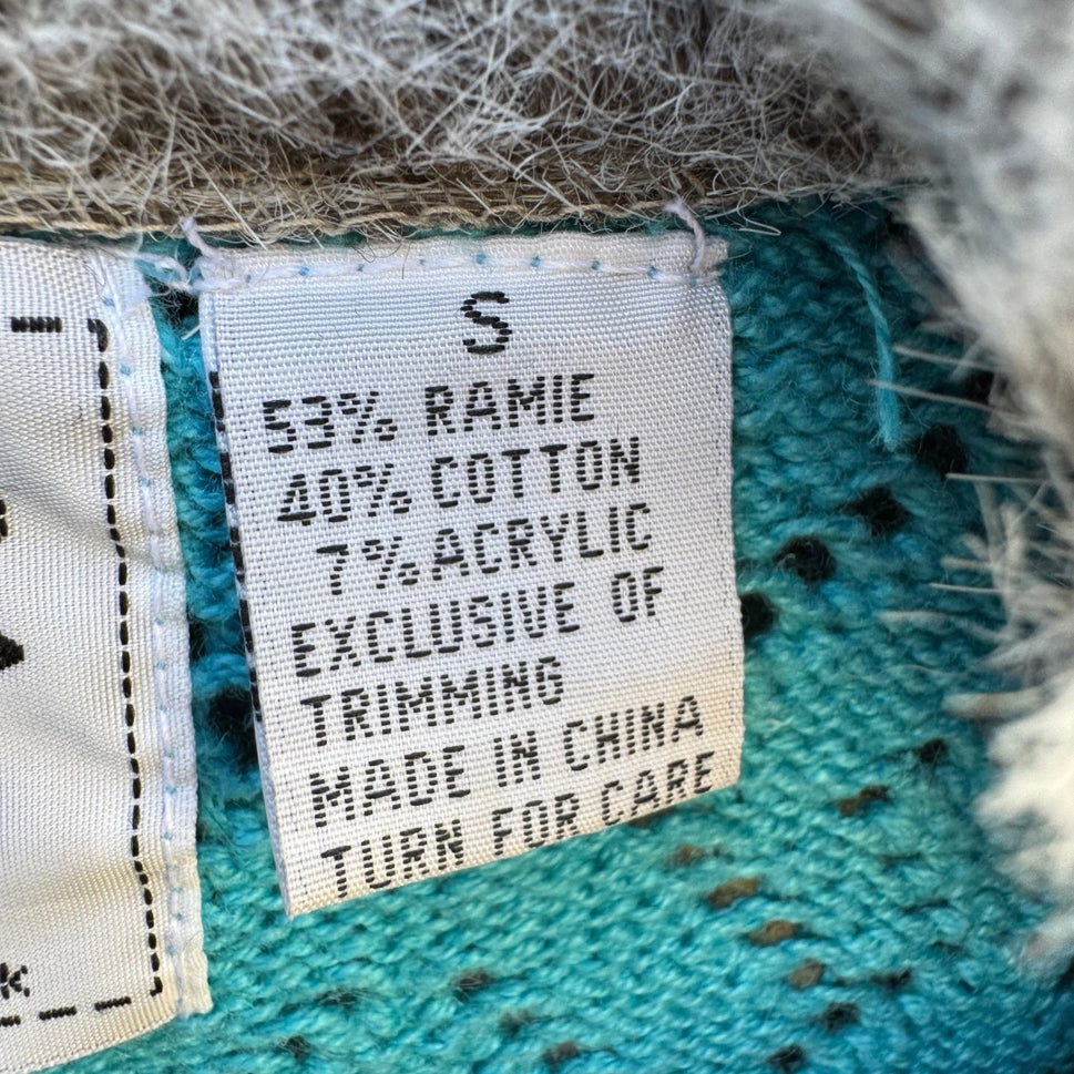 Storybook Knits Turquoise Blue Sequin Faux Fur Collar Pointelle Cardigan Sweater