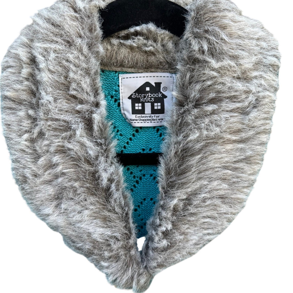 Storybook Knits Turquoise Blue Sequin Faux Fur Collar Pointelle Cardigan Sweater