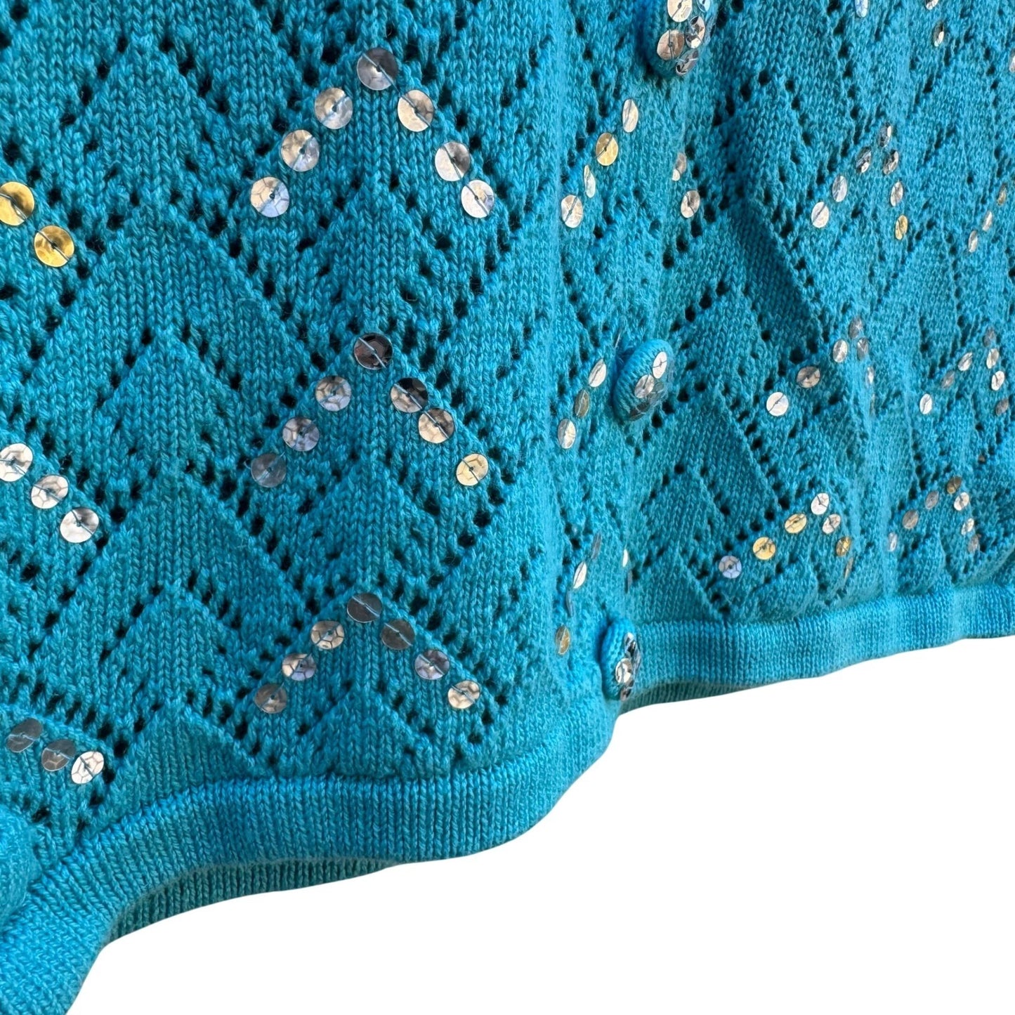 Storybook Knits Turquoise Blue Sequin Faux Fur Collar Pointelle Cardigan Sweater