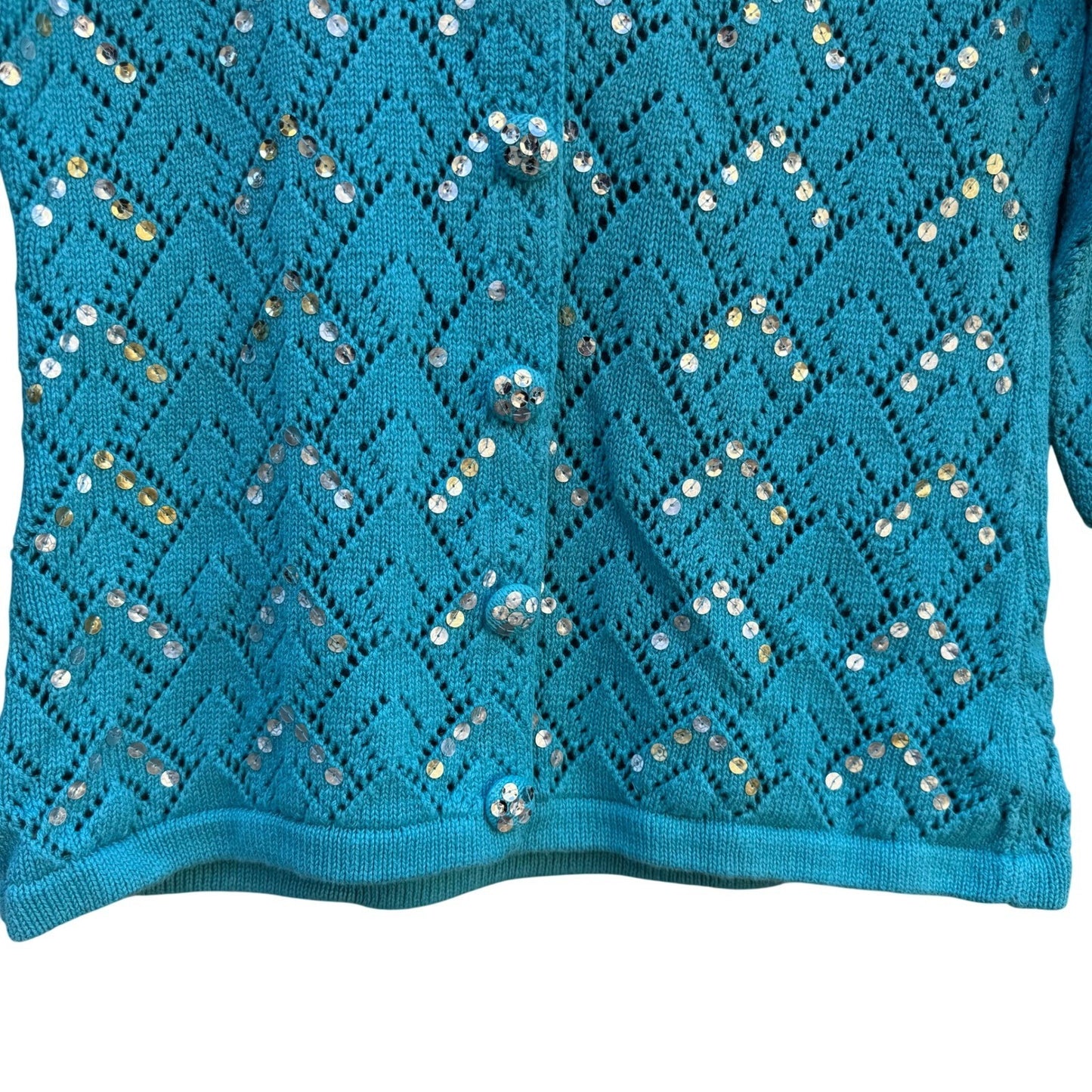 Storybook Knits Turquoise Blue Sequin Faux Fur Collar Pointelle Cardigan Sweater