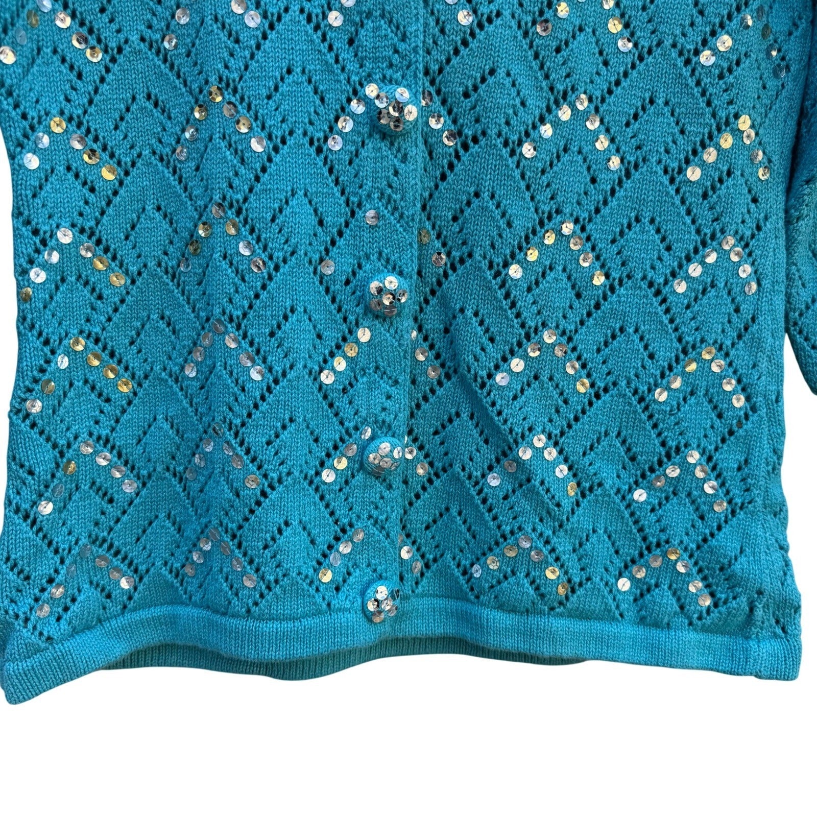 Storybook Knits Turquoise Blue Sequin Faux Fur Collar Pointelle Cardigan Sweater