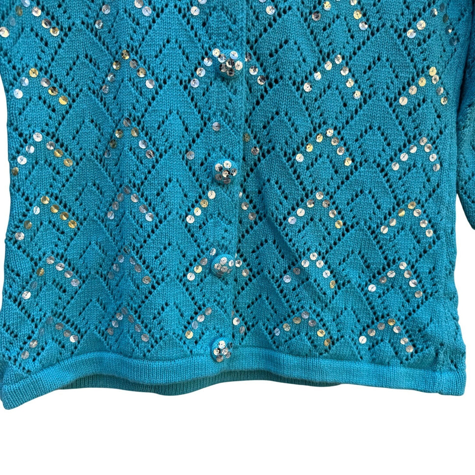 Storybook Knits Turquoise Blue Sequin Faux Fur Collar Pointelle Cardigan Sweater