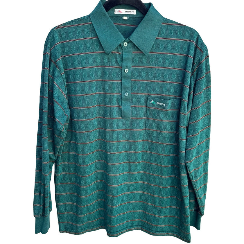 Mars Fashion Mens Vintage 70s Teal Green Geometric Knit Long Sleeve Polo Shirt