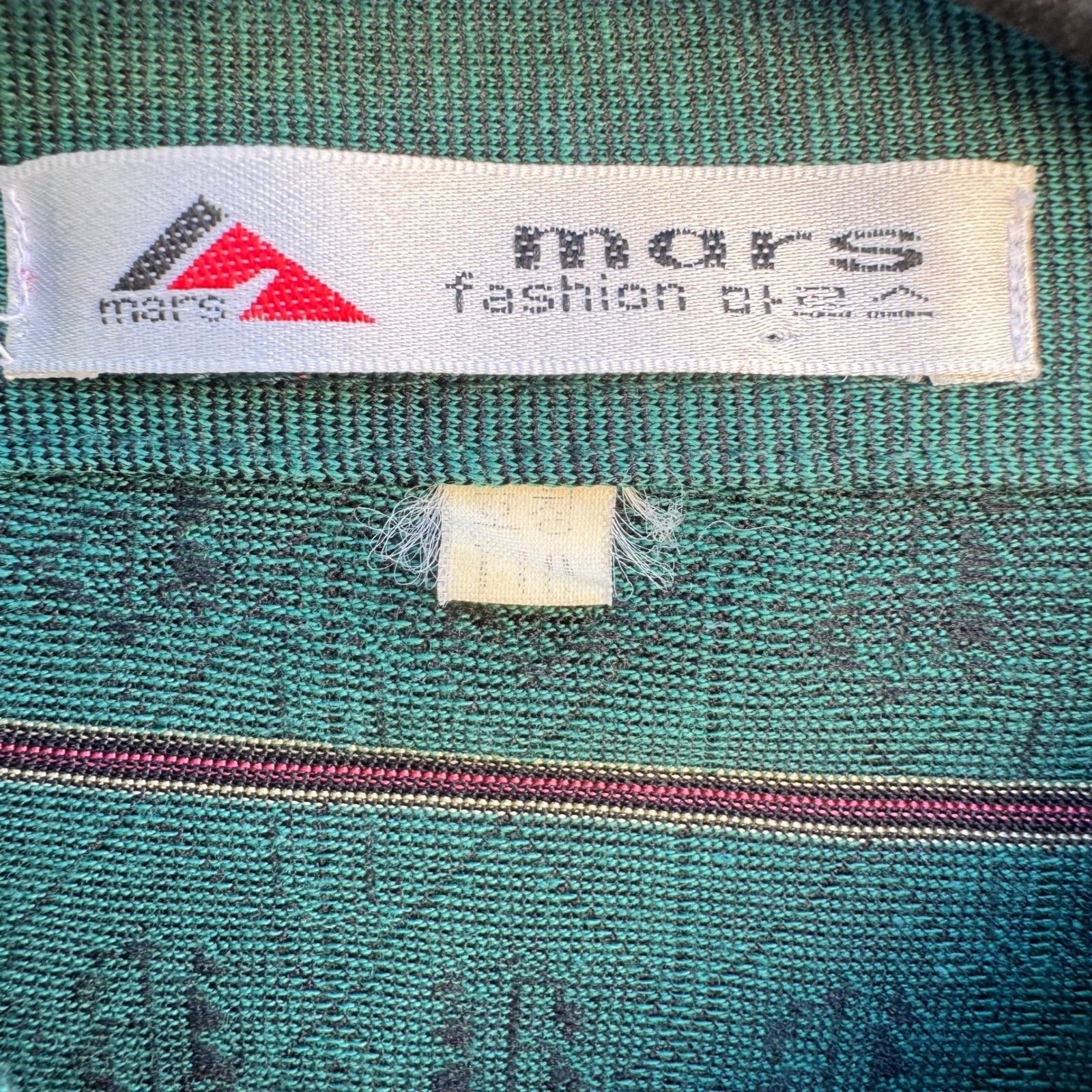 Mars Fashion Mens Vintage 70s Teal Green Geometric Knit Long Sleeve Polo Shirt