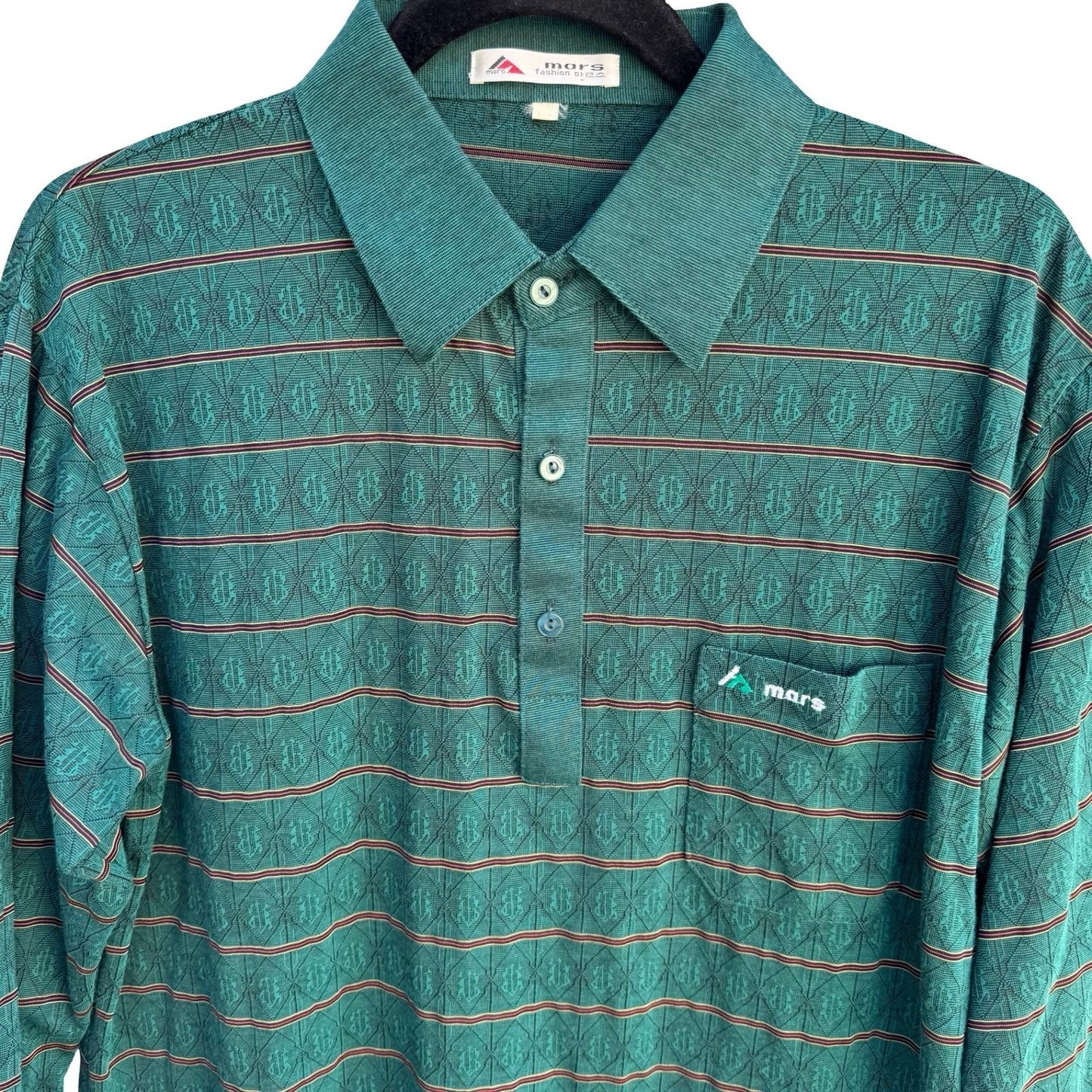 Mars Fashion Mens Vintage 70s Teal Green Geometric Knit Long Sleeve Polo Shirt