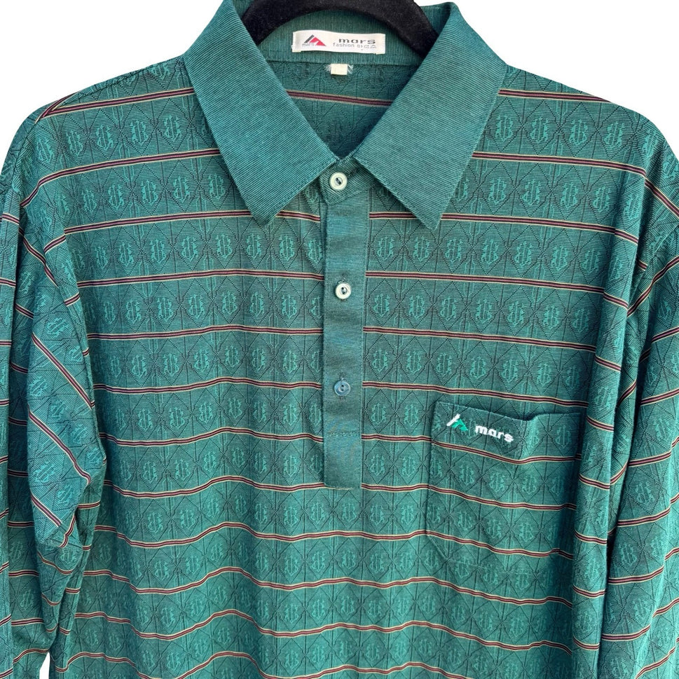Mars Fashion Mens Vintage 70s Teal Green Geometric Knit Long Sleeve Polo Shirt