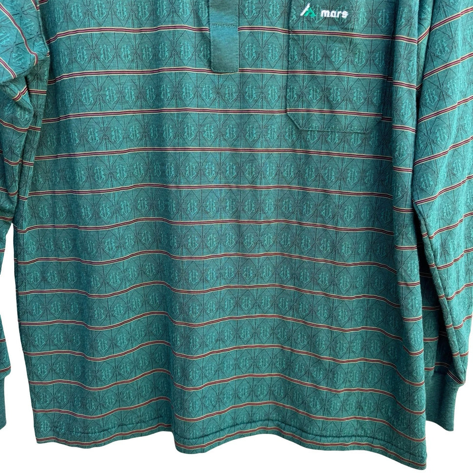 Mars Fashion Mens Vintage 70s Teal Green Geometric Knit Long Sleeve Polo Shirt