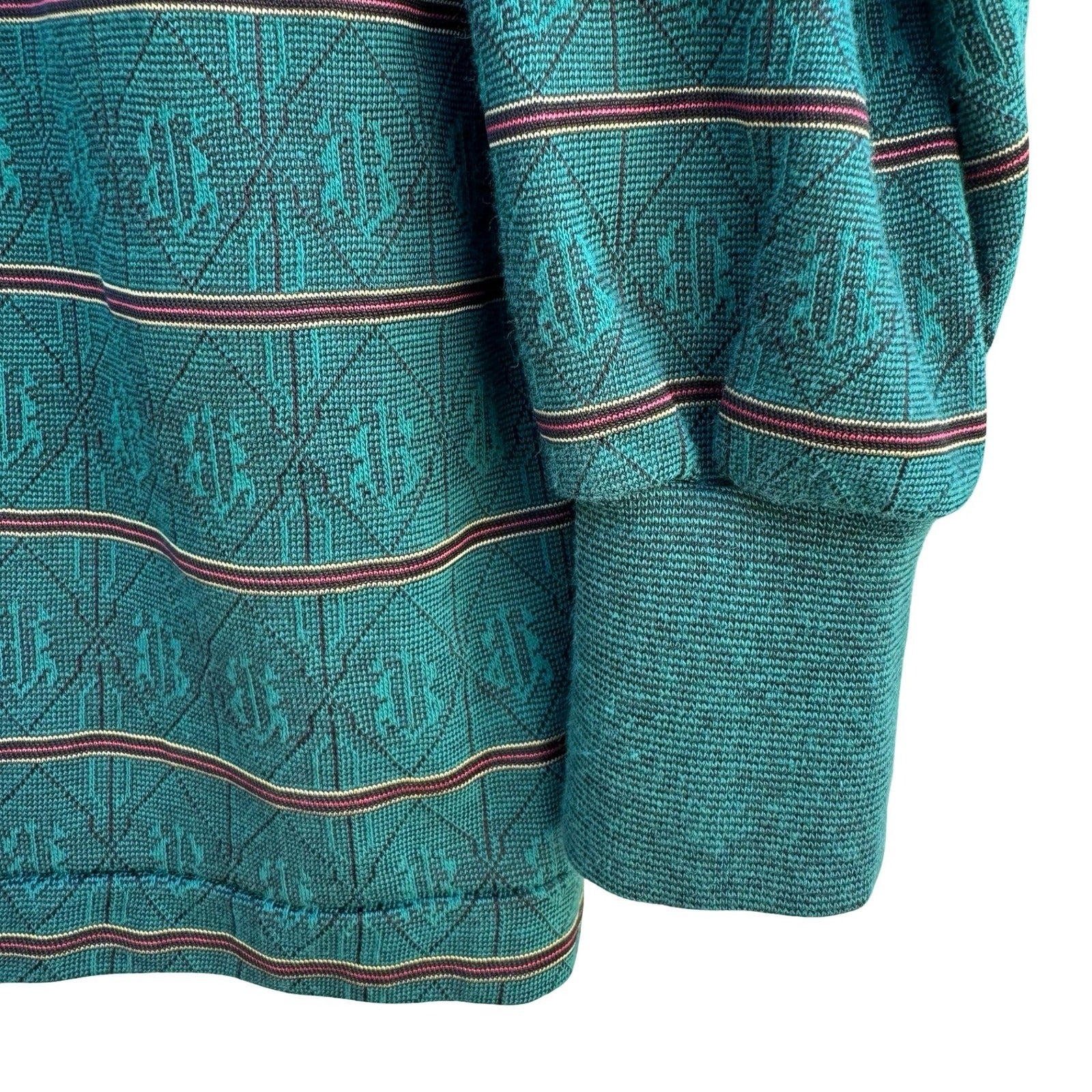 Mars Fashion Mens Vintage 70s Teal Green Geometric Knit Long Sleeve Polo Shirt