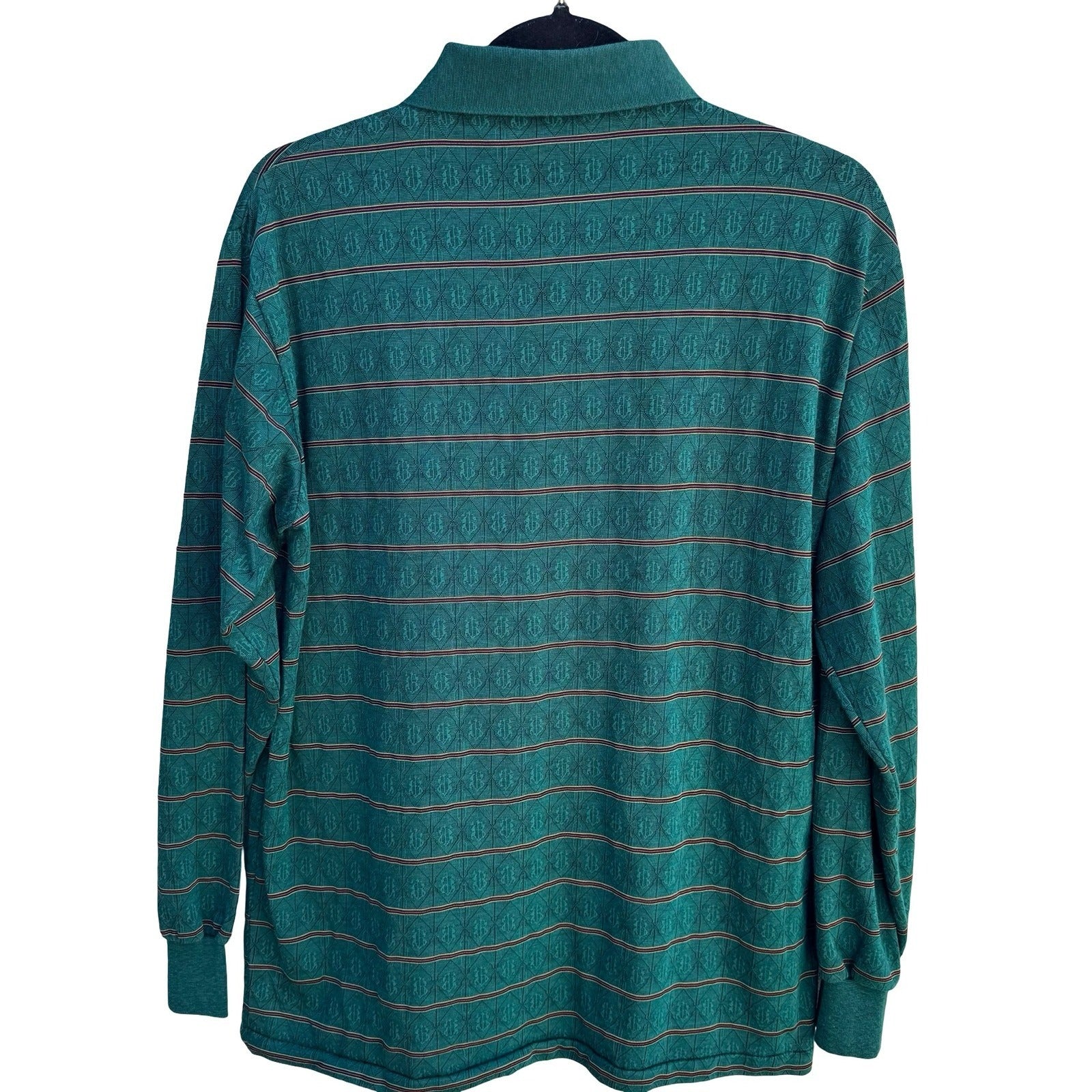 Mars Fashion Mens Vintage 70s Teal Green Geometric Knit Long Sleeve Polo Shirt