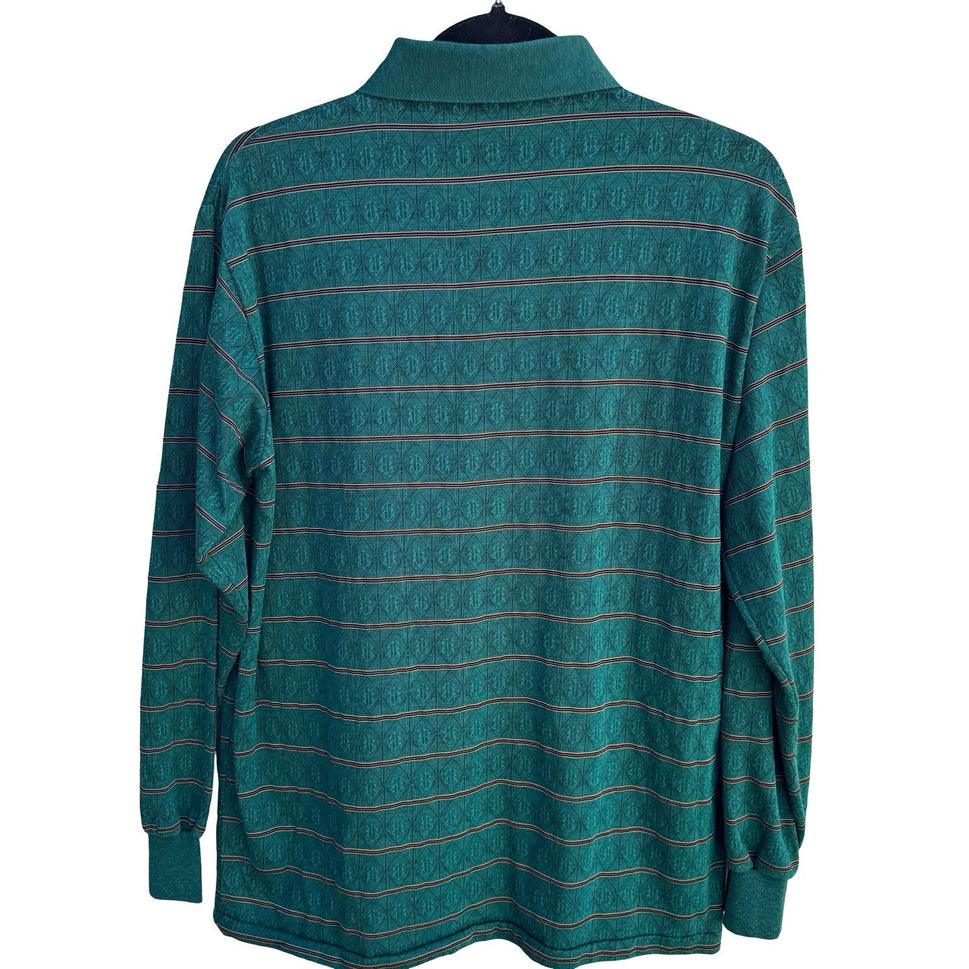 Mars Fashion Mens Vintage 70s Teal Green Geometric Knit Long Sleeve Polo Shirt