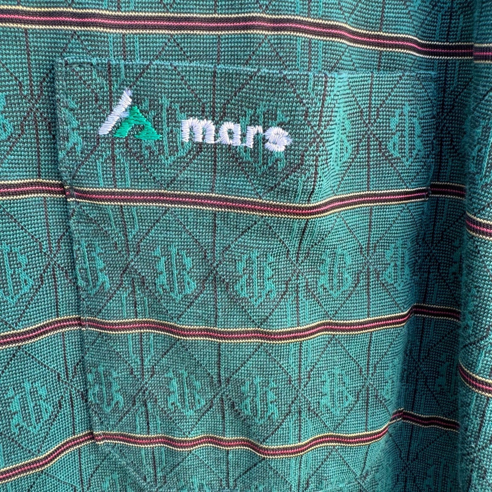 Mars Fashion Mens Vintage 70s Teal Green Geometric Knit Long Sleeve Polo Shirt