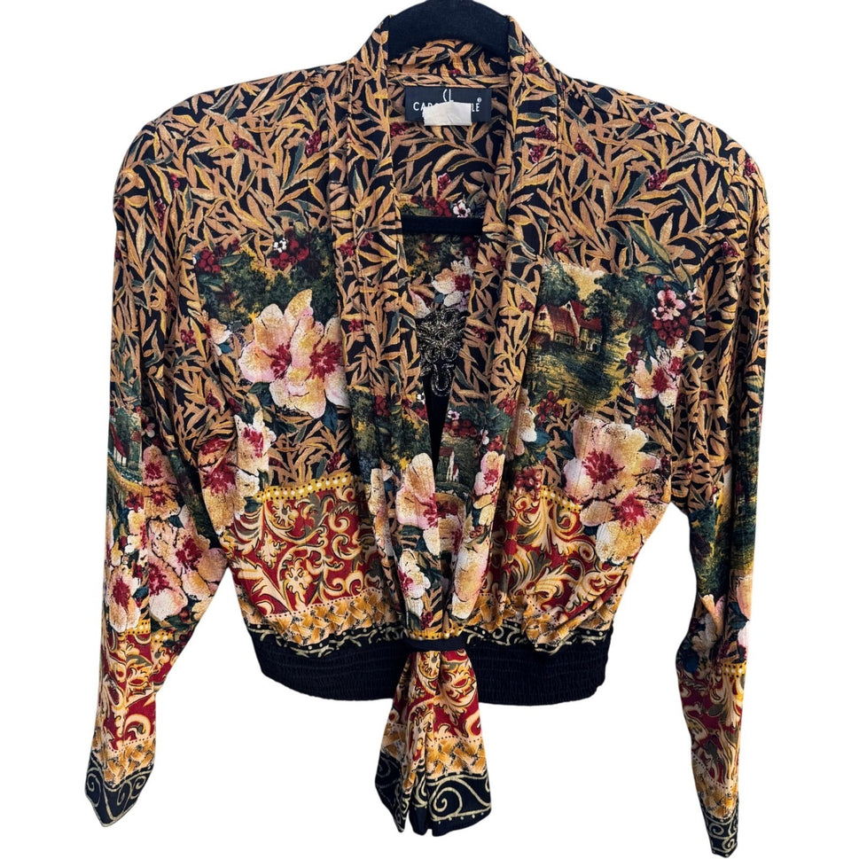 Carole Little Vintage Tapestry Floral Landscape Smocked Tie Front Blouse Size 6P