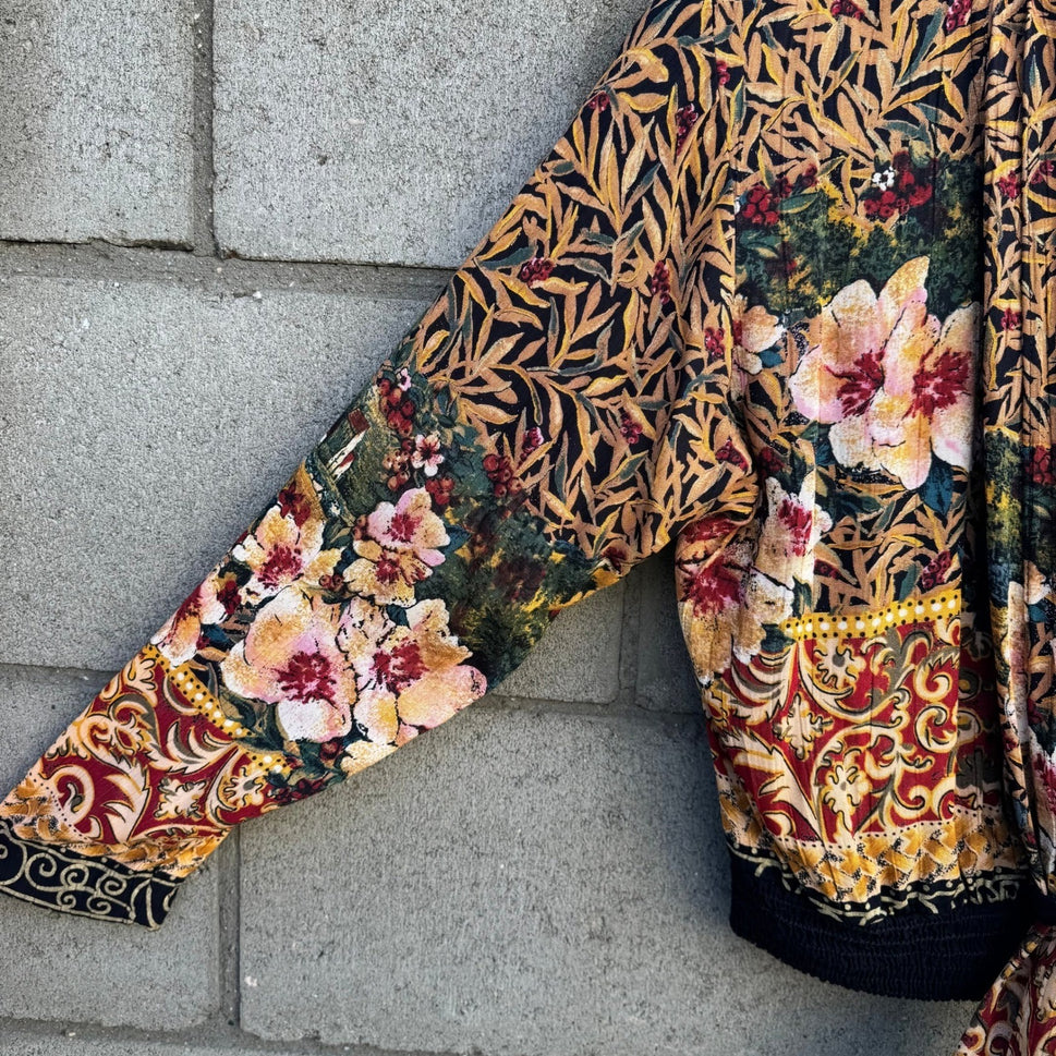 Carole Little Vintage Tapestry Floral Landscape Smocked Tie Front Blouse Size 6P