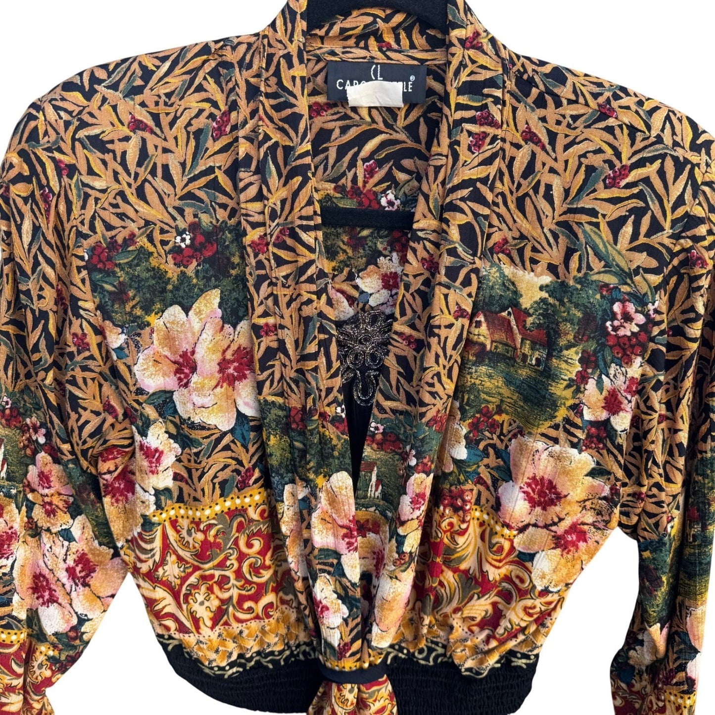 Carole Little Vintage Tapestry Floral Landscape Smocked Tie Front Blouse Size 6P
