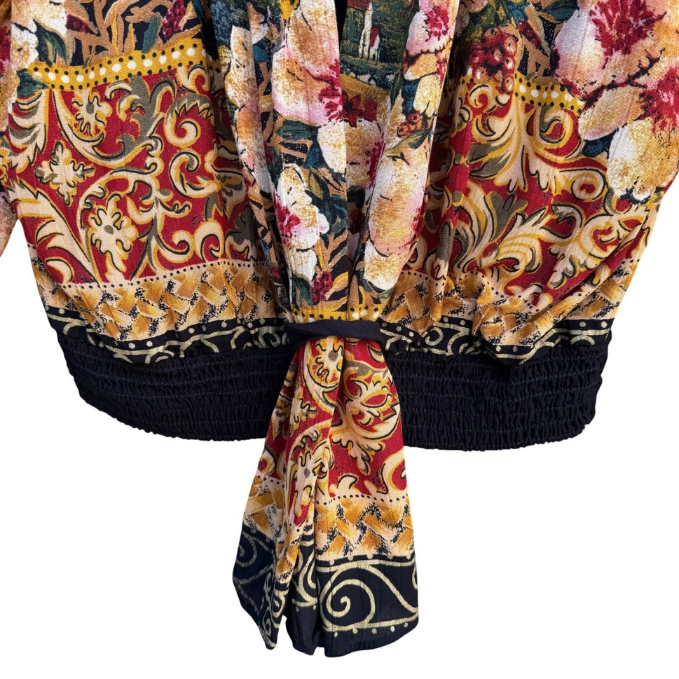Carole Little Vintage Tapestry Floral Landscape Smocked Tie Front Blouse Size 6P