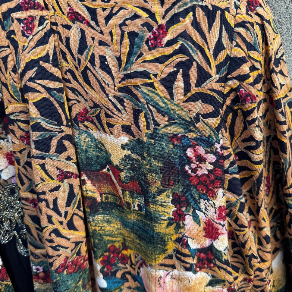 Carole Little Vintage Tapestry Floral Landscape Smocked Tie Front Blouse Size 6P