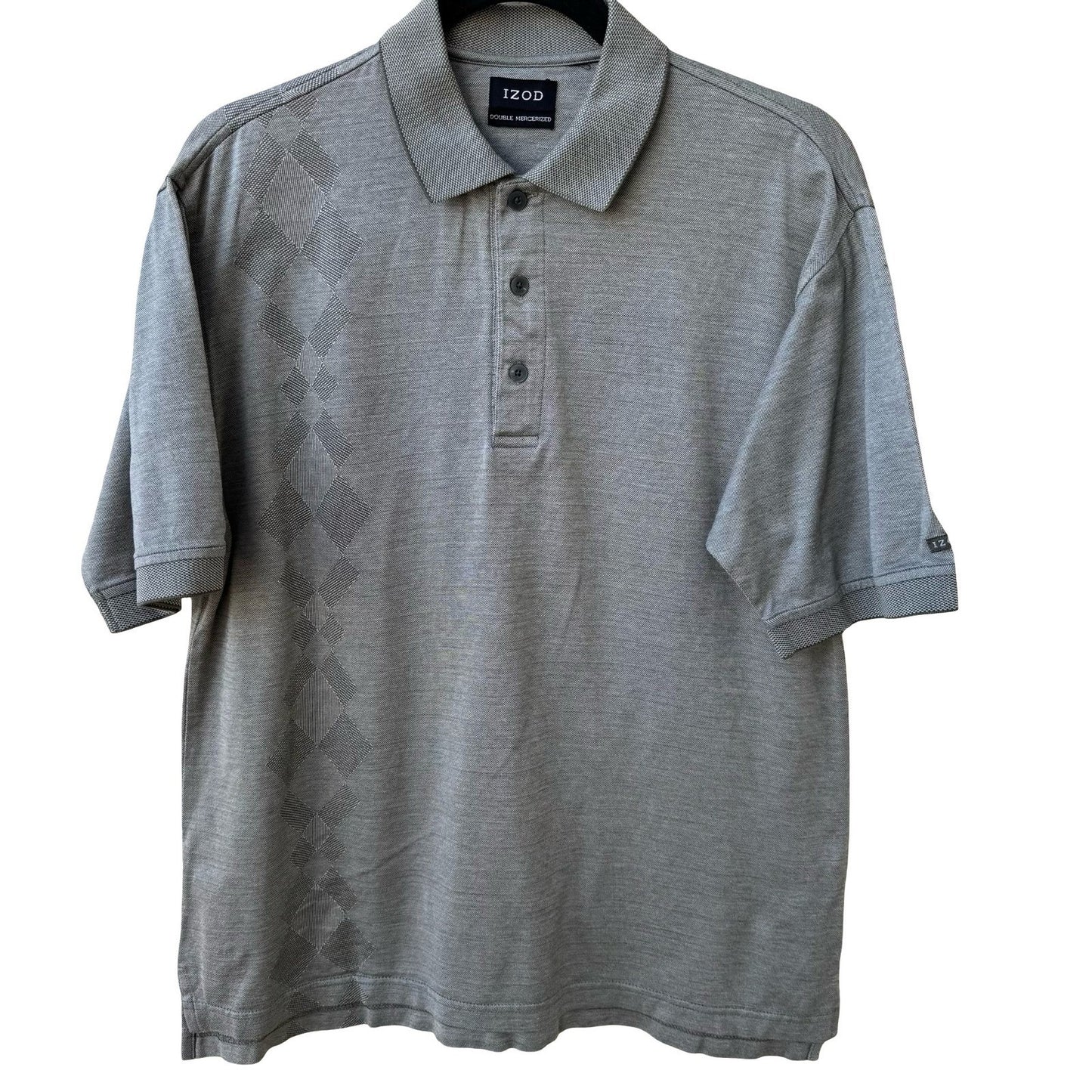 IZOD Mens Double Mercerized Gray Polo Shirt Argyle Diamond Pattern Short Sleeve