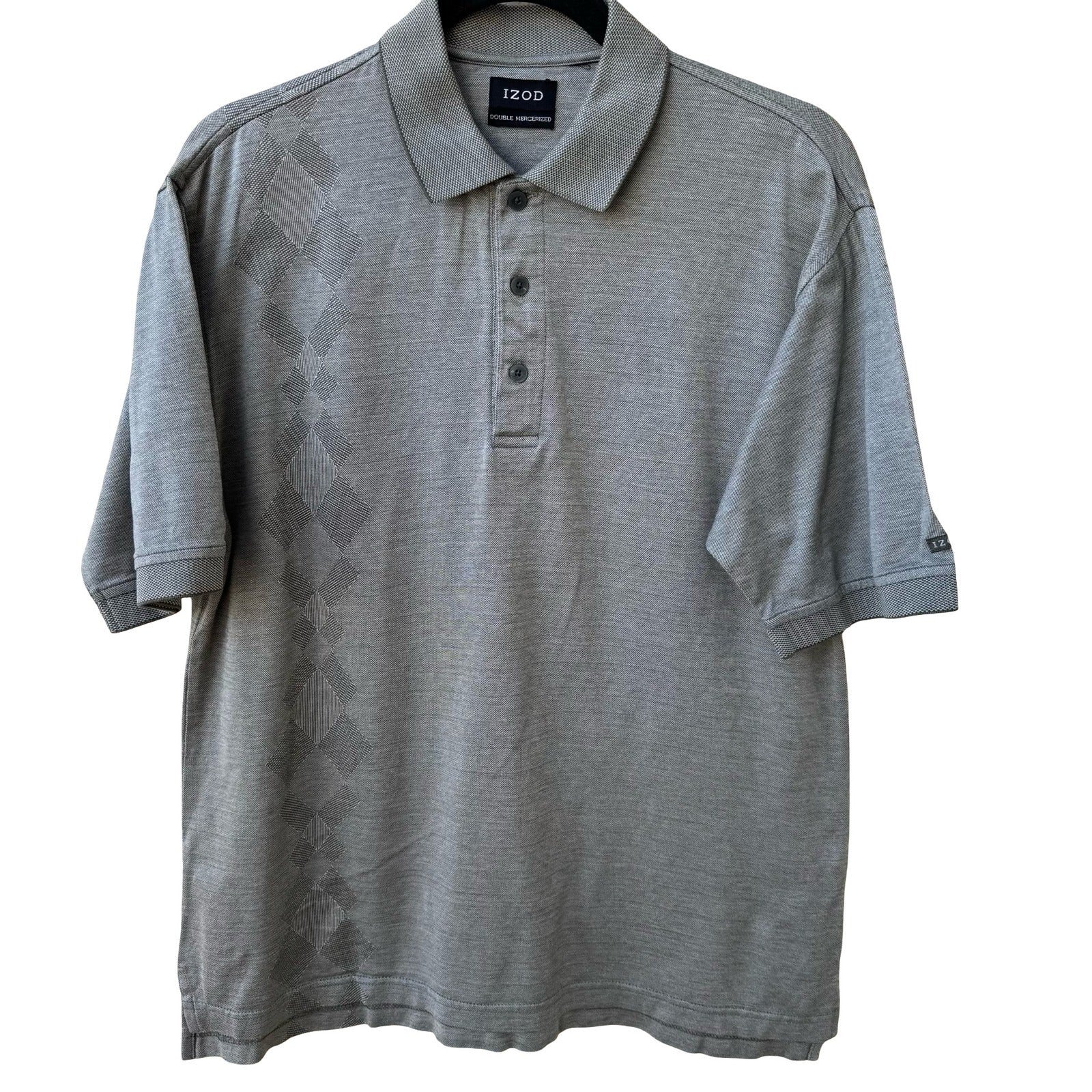 IZOD Mens Double Mercerized Gray Polo Shirt Argyle Diamond Pattern Short Sleeve