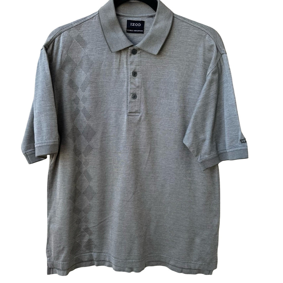 IZOD Mens Double Mercerized Gray Polo Shirt Argyle Diamond Pattern Short Sleeve