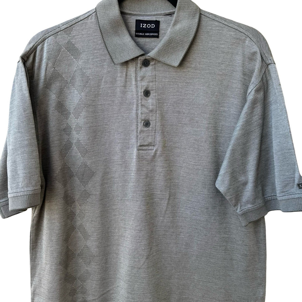 IZOD Mens Double Mercerized Gray Polo Shirt Argyle Diamond Pattern Short Sleeve