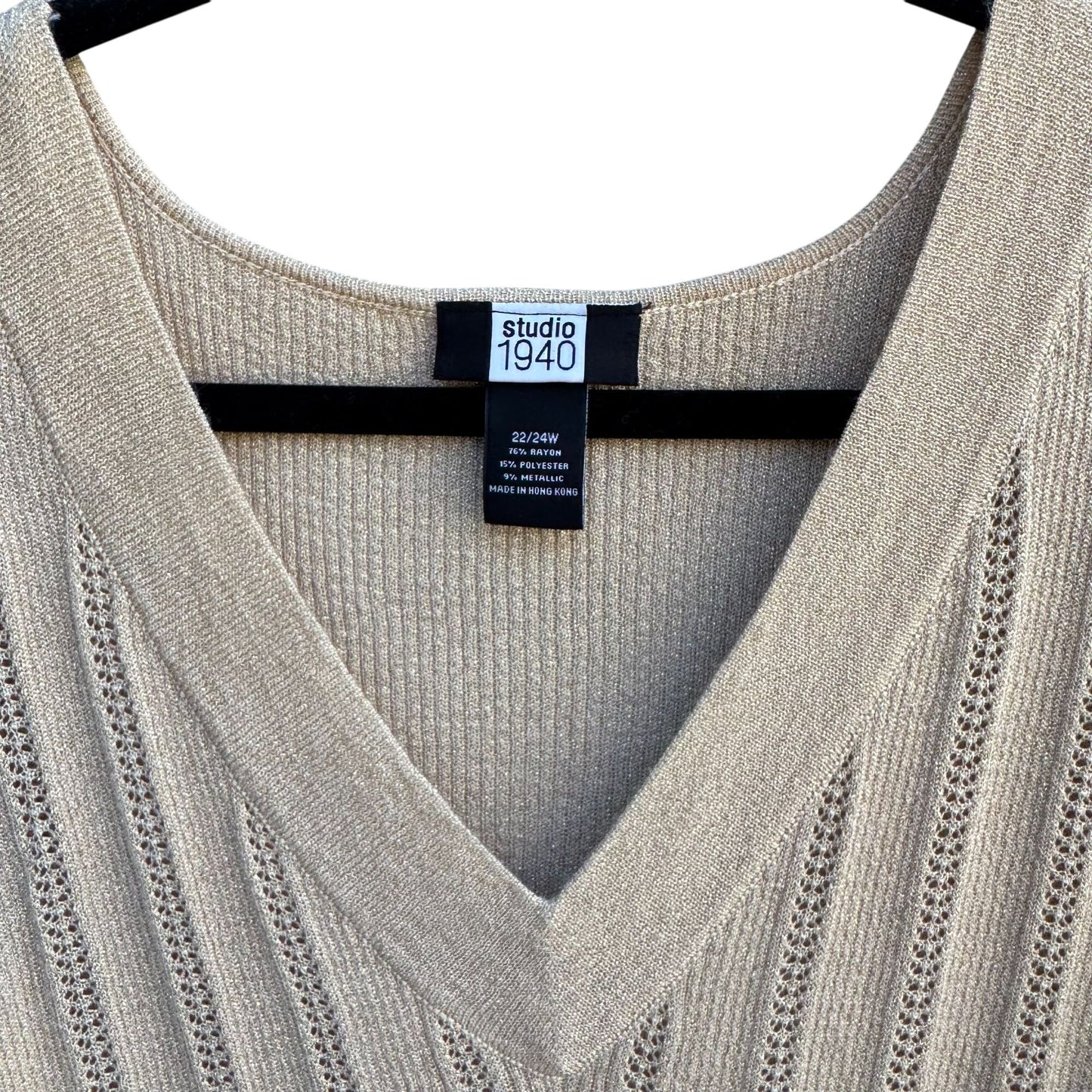 Studio 1940 Womens Beige Gold Metallic Open Knit Deep V-Neck Sweater 22/24W
