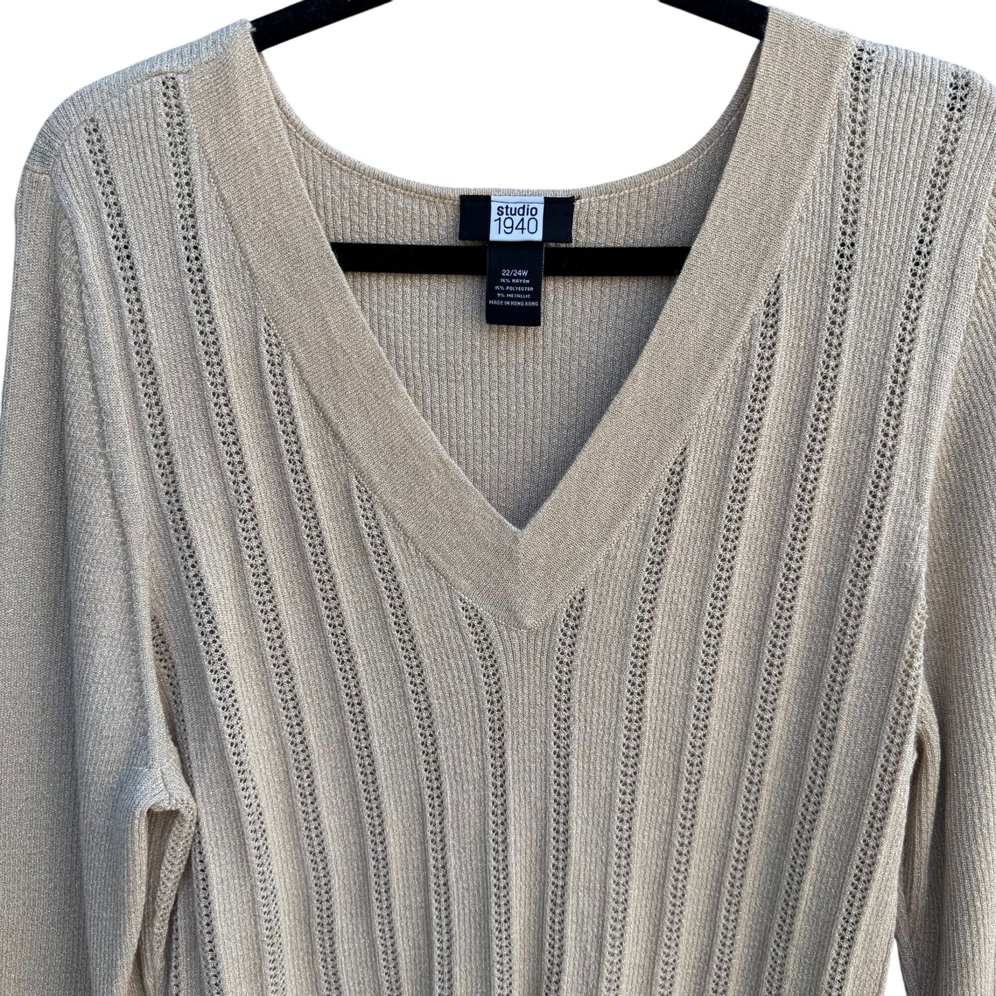 Studio 1940 Womens Beige Gold Metallic Open Knit Deep V-Neck Sweater 22/24W