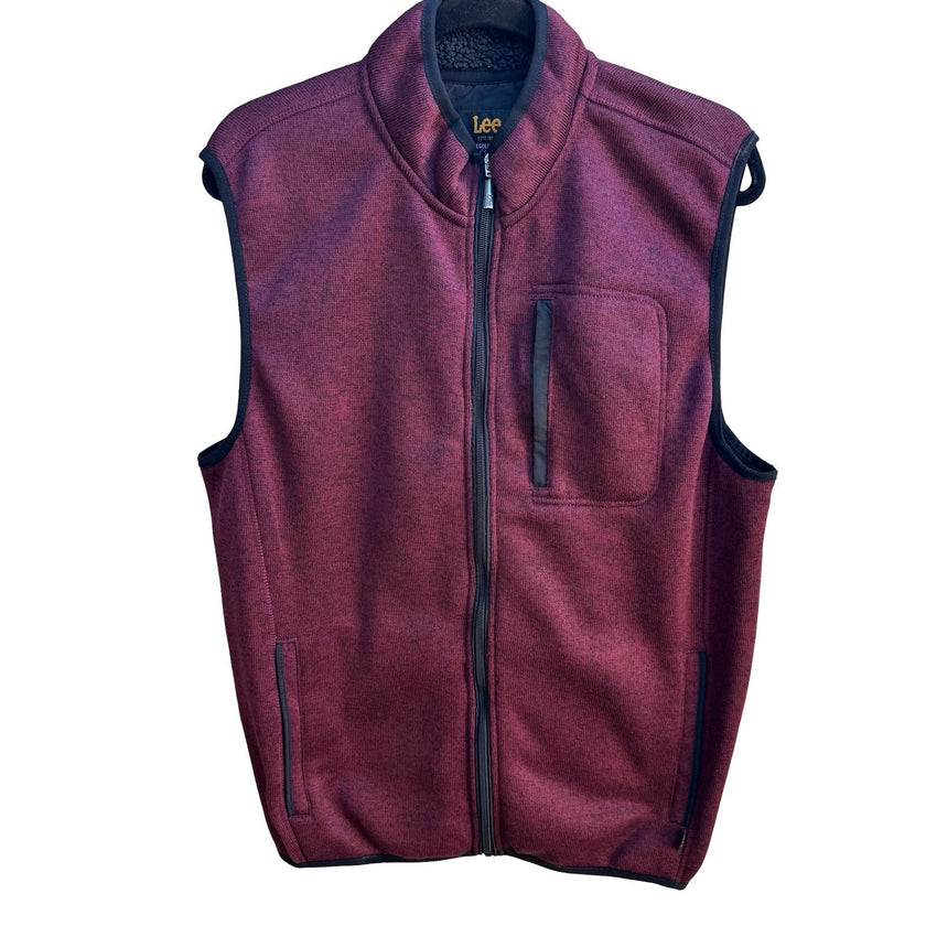 Lee Gorpcore Layering Sweater Fleece Sherpa Collar Utility Vest Burgundy Mens L