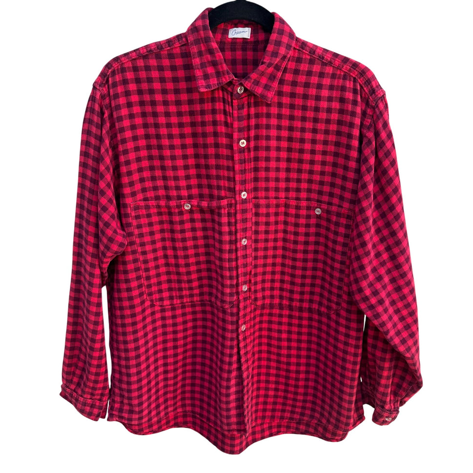 Cream Vintage Womens Red & Black Plaid Button-Up Flannel Shirt Long Sleeve Shirt