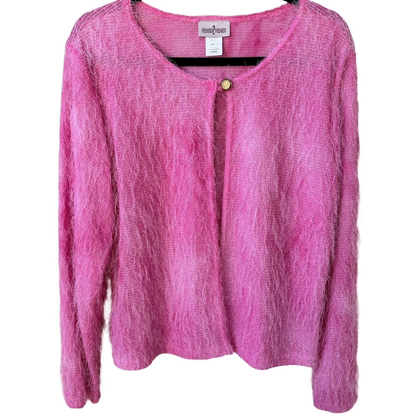 Fashion 2 Fashion Y2K Pink Eyelash Knit Cardigan Fuzzy Barbiecore Sweater L NEW