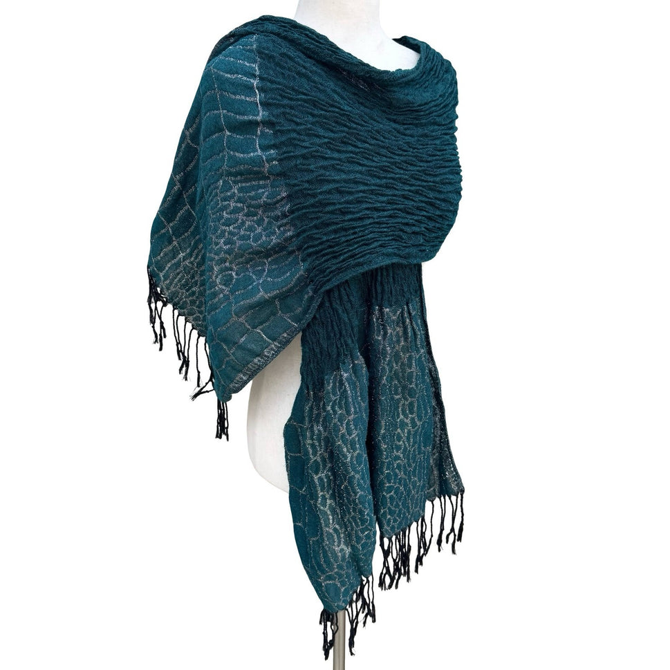 Teal Green Crinkle Knit Wrap Scarf Silver Metallic Geometric Fringe Formal Shawl