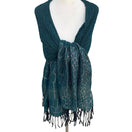 Switch Teal Green Crinkle Knit Wrap Scarf Silver Metallic Geometric Fringe Formal Shawl 2 image
