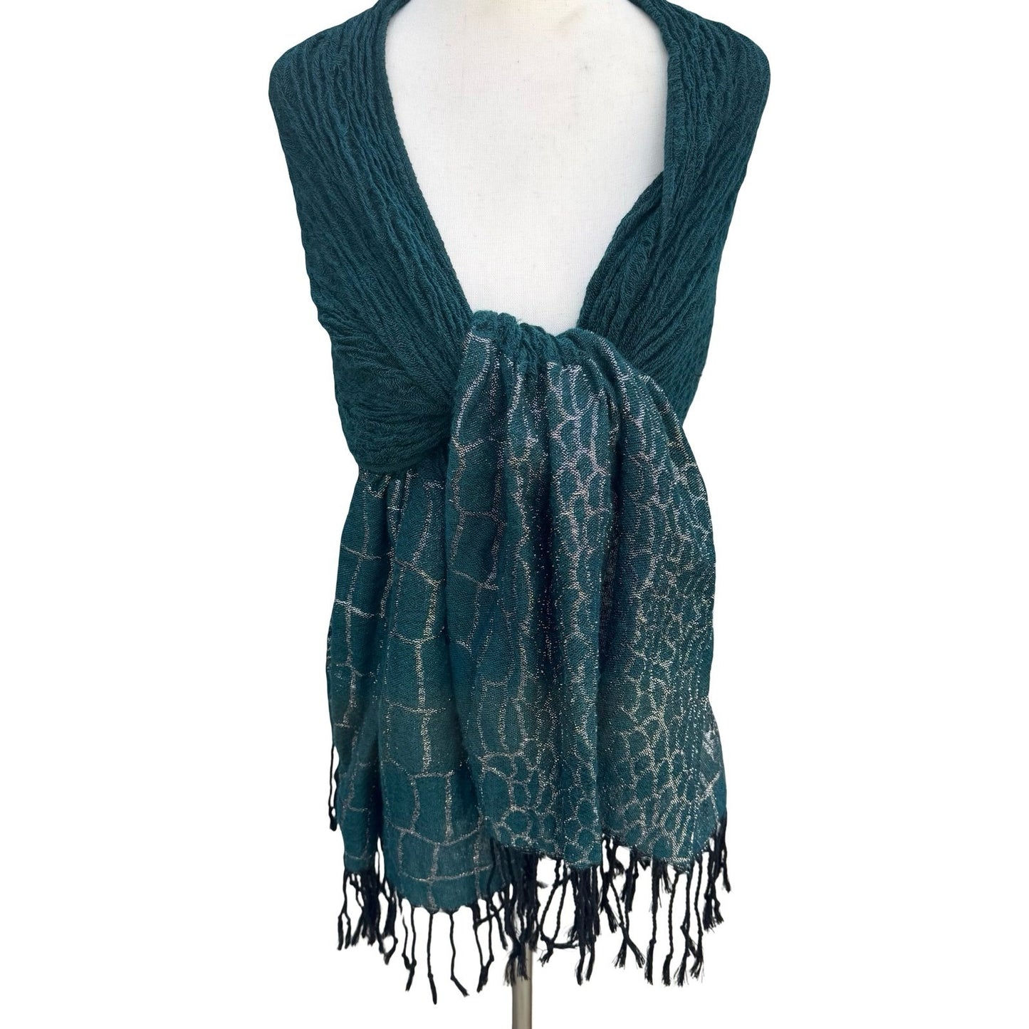 Teal Green Crinkle Knit Wrap Scarf Silver Metallic Geometric Fringe Formal Shawl
