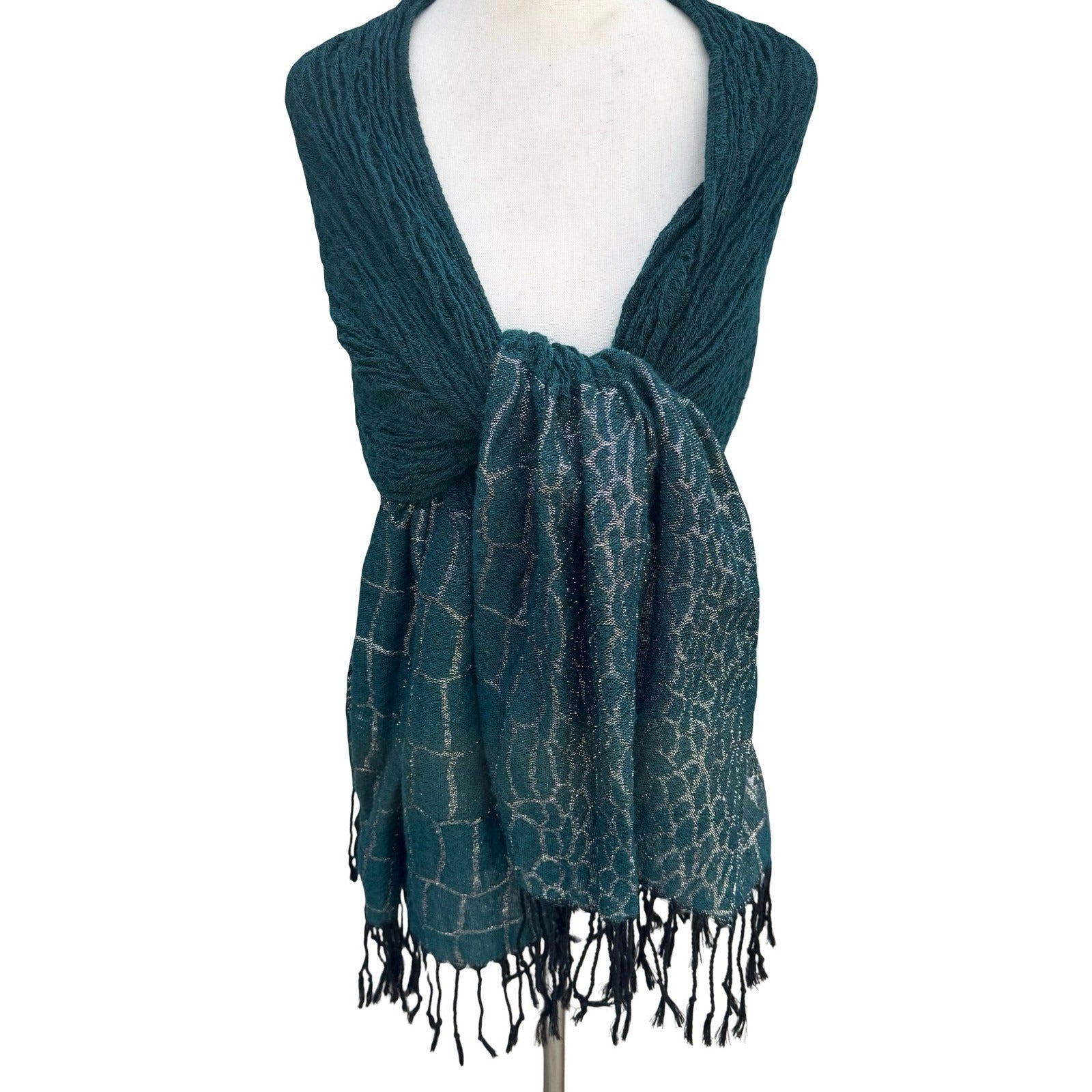 Teal Green Crinkle Knit Wrap Scarf Silver Metallic Geometric Fringe Formal Shawl
