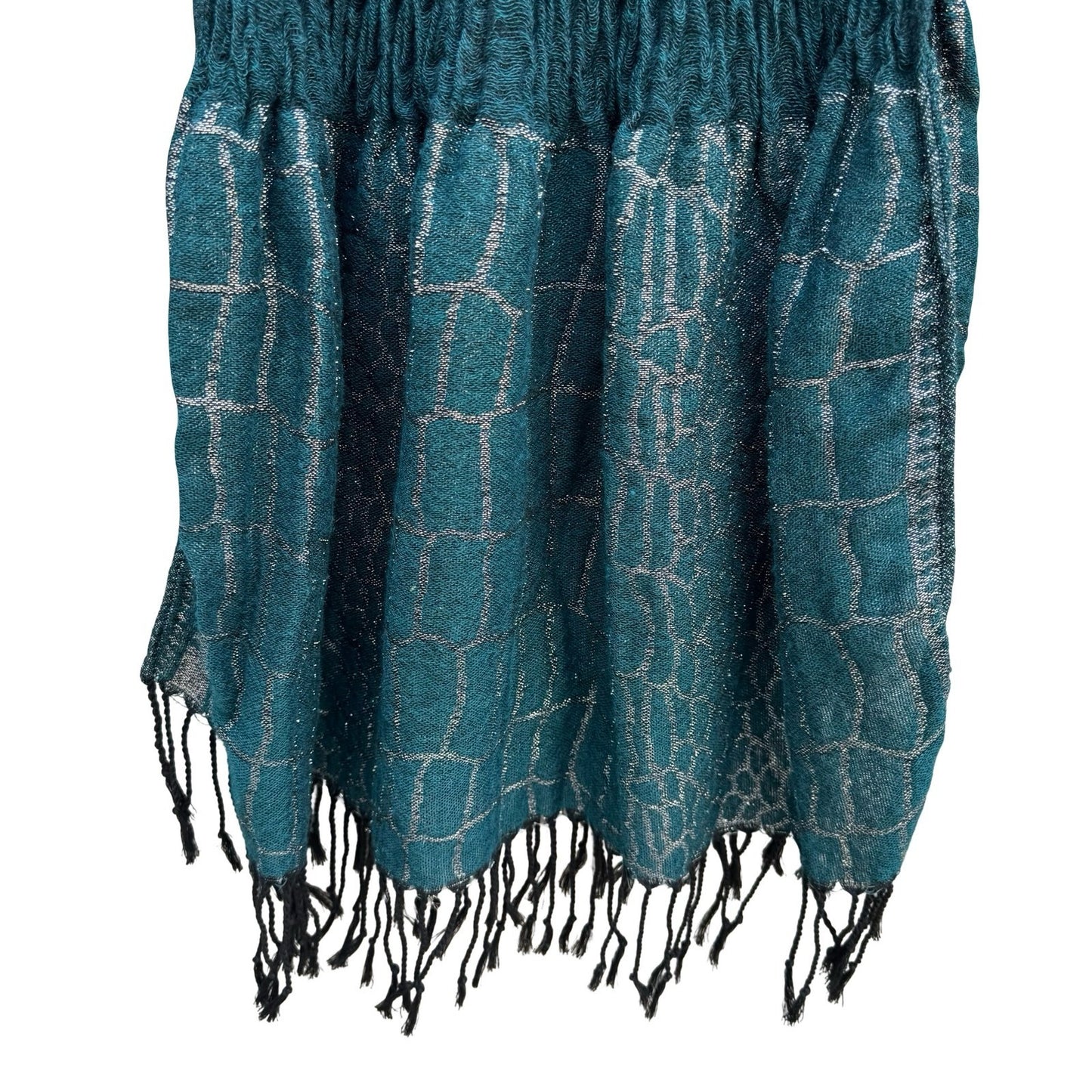 Teal Green Crinkle Knit Wrap Scarf Silver Metallic Geometric Fringe Formal Shawl