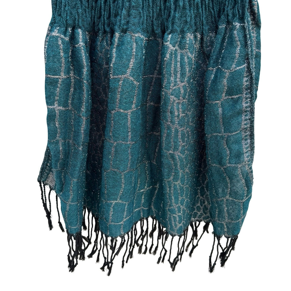 Teal Green Crinkle Knit Wrap Scarf Silver Metallic Geometric Fringe Formal Shawl