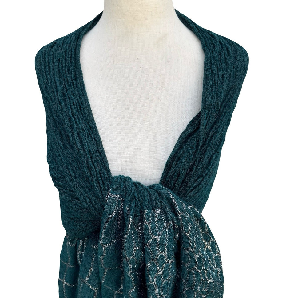 Teal Green Crinkle Knit Wrap Scarf Silver Metallic Geometric Fringe Formal Shawl
