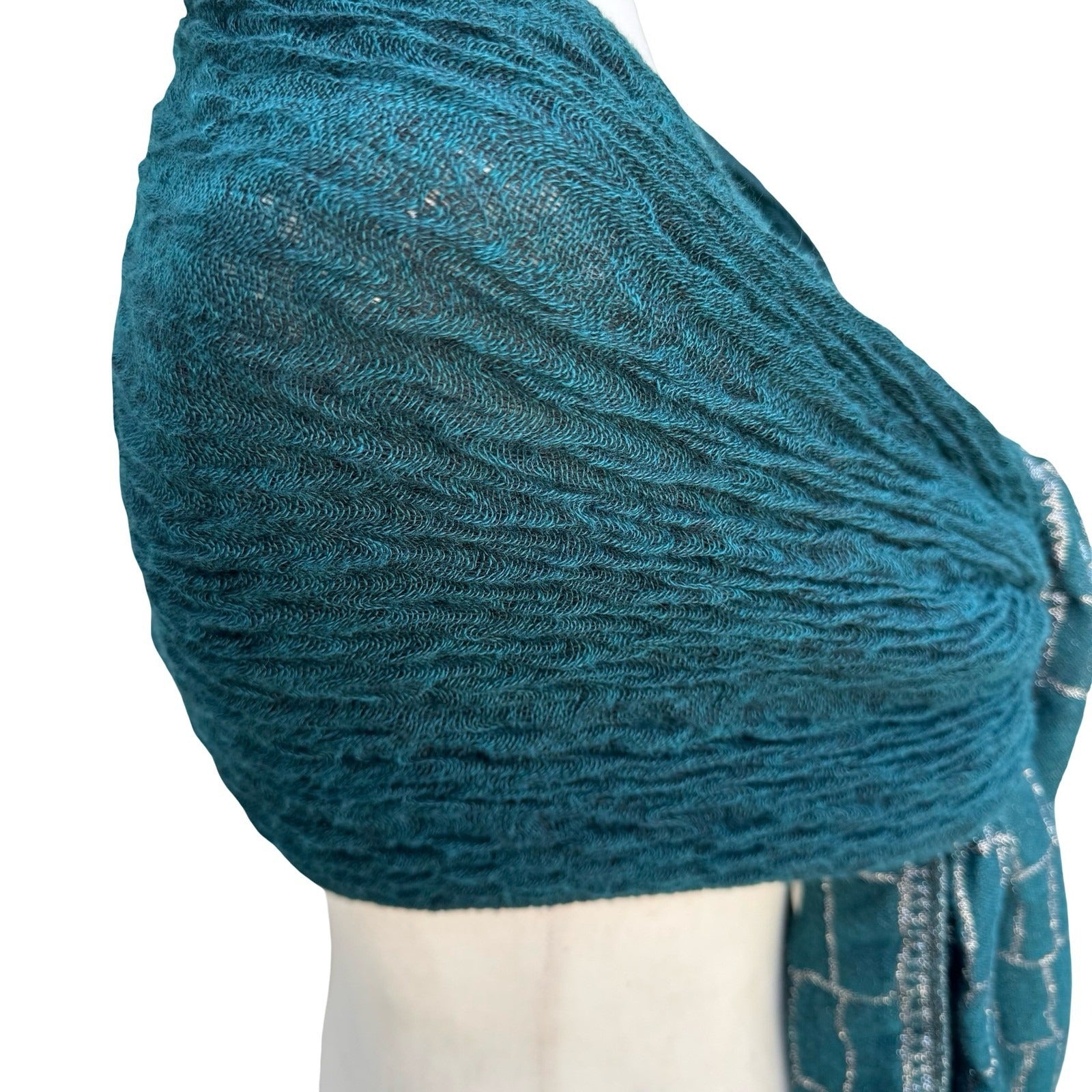 Teal Green Crinkle Knit Wrap Scarf Silver Metallic Geometric Fringe Formal Shawl